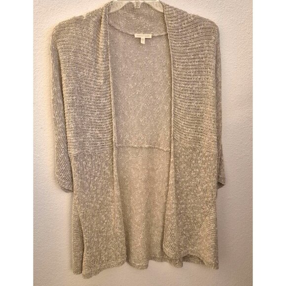 Eileen Fisher Tan Linen/Cotton Blend 3/4th Sleeve Open Front Cardigan Size L Euc - Picture 2 of 8